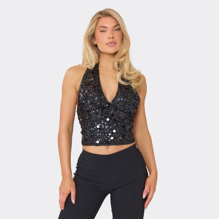 Halterneck Plunge Crop Top In Black Sequin, Women’s Size US 10