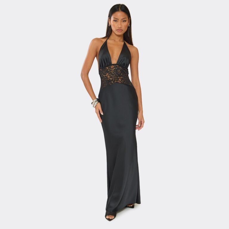 Halterneck Plunge Front Contrast Lace Panel Maxi Dress In Black Satin, Women’s Size US 0