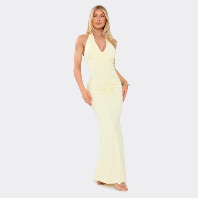 Halterneck Ruched Detail Maxi Dress In Yellow, Women’s Size US XS