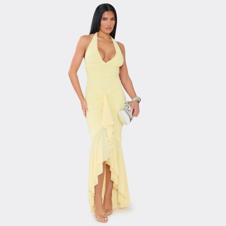 Halterneck Ruched Mesh Maxi Dress In Lemon, Women’s Size US 2