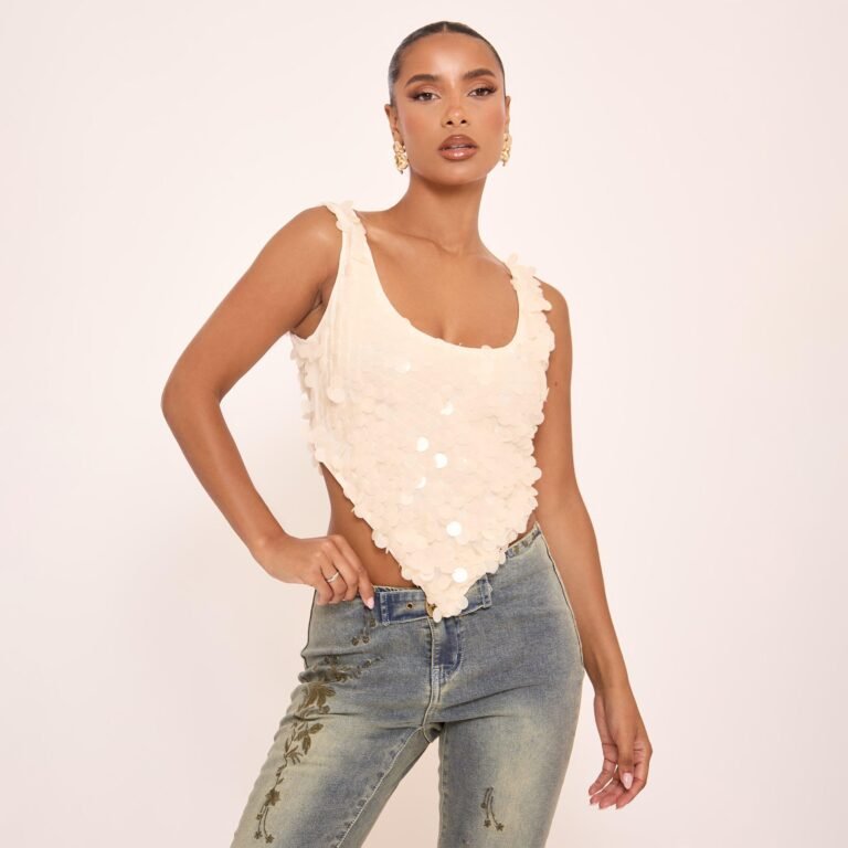 Halterneck Sequin Detail Pointed Hem Top In Cream, Women’s Size US 2