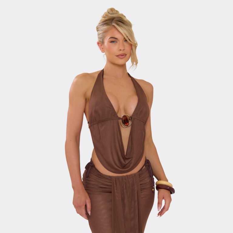Halterneck Trim Detail Cowl Front Top In Chocolate Brown, Women’s Size US 2