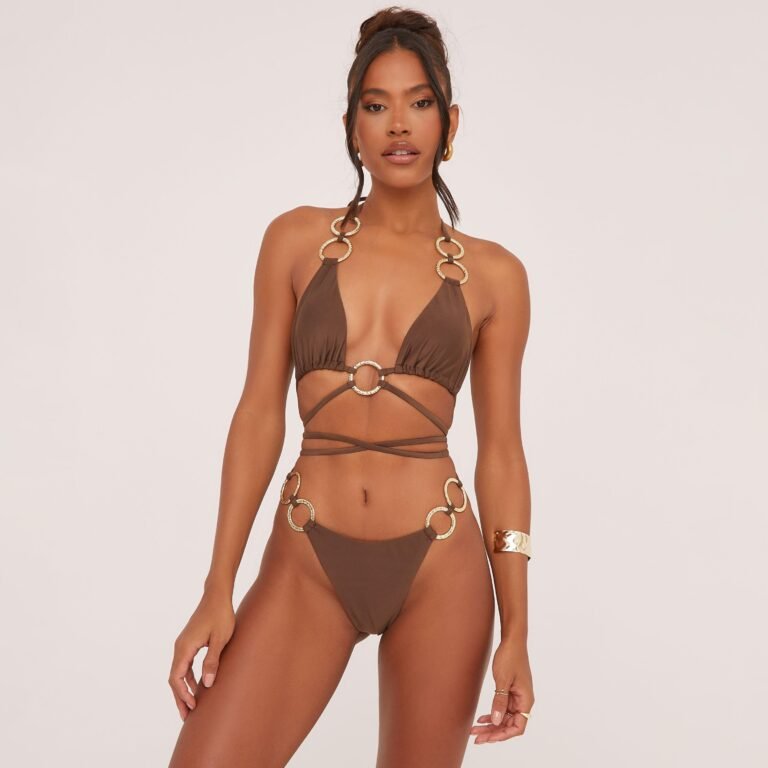 Hammered Ring Detail Strappy Triangle Bikini Set In Dark Brown, Women’s Size US 0