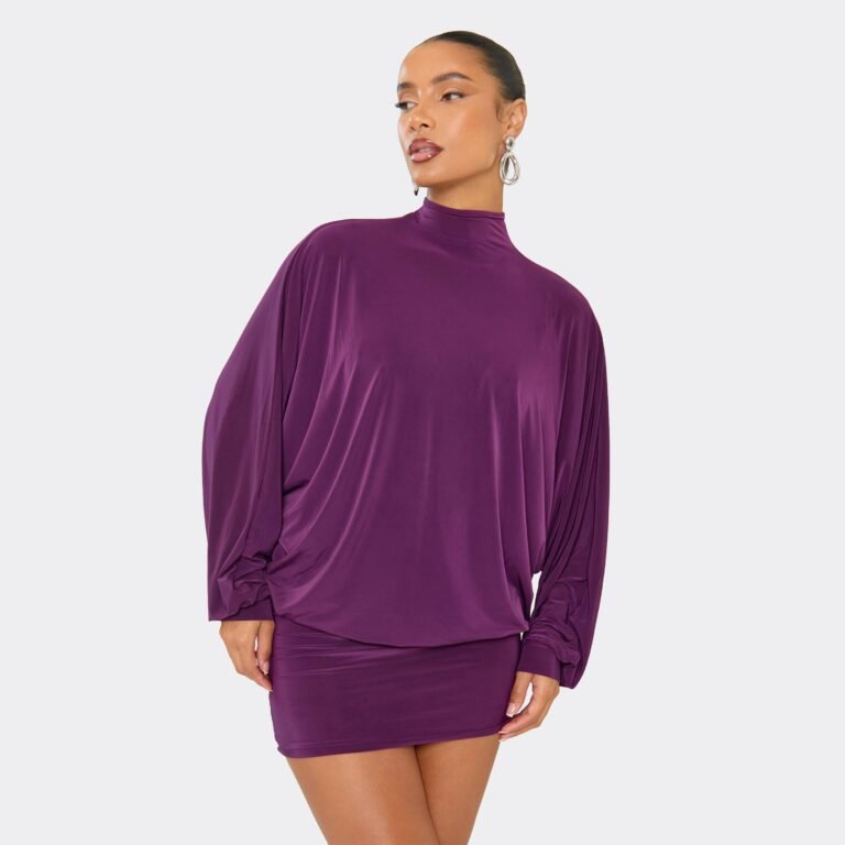 High Neck Bat Wing Mini Dress In Purple, Women’s Size US 2