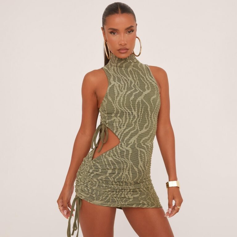 High Neck Cut Out Side Mini Bodycon Dress In Olive Green Zebra Print Texture, Women’s