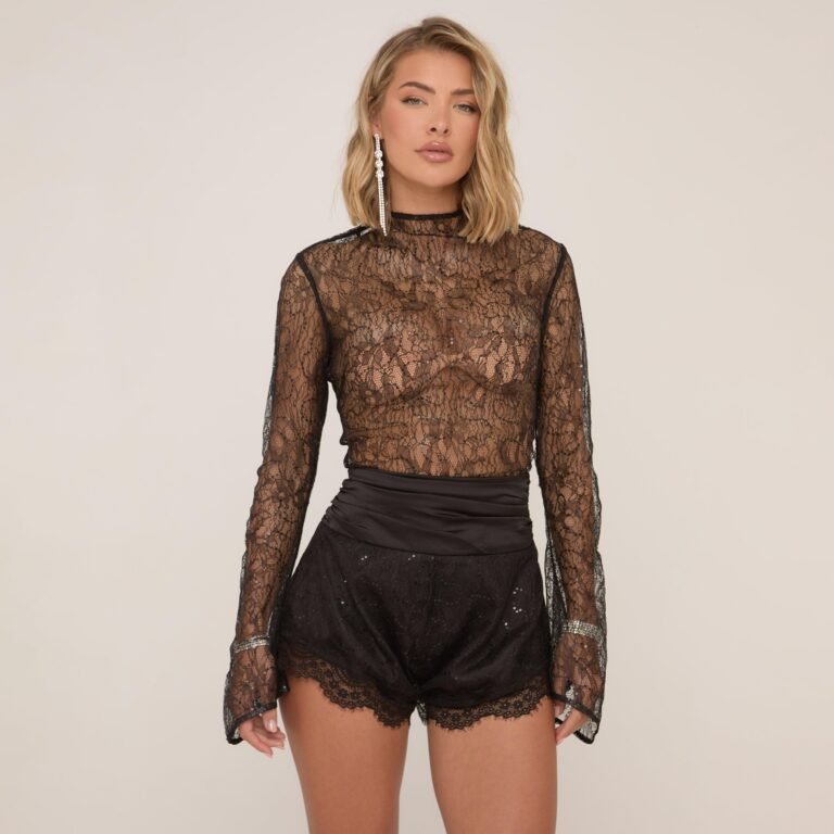 High Neck Flared Sleeve Open Back Top In Black Sequin Lace, Women’s Size US 0