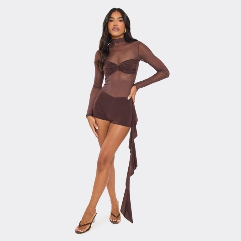 High Neck Long Sleeve Contrast Panel Drape Detail Playsuit In Brown Mesh, Women’s Size US
