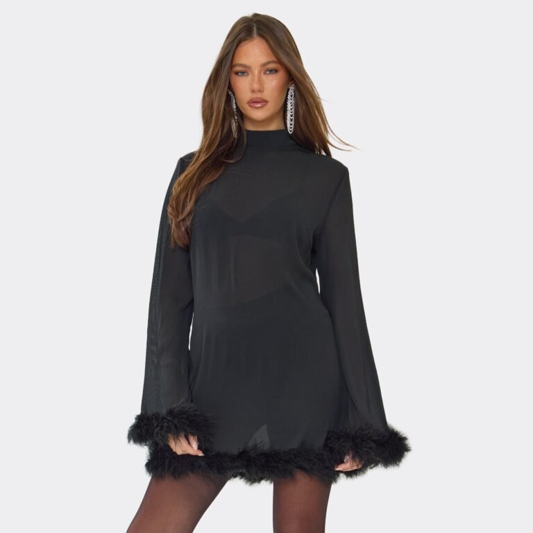High Neck Long Sleeve Feather Trim Detail A-Line Mini Dress In Black, Women’s Size US 2