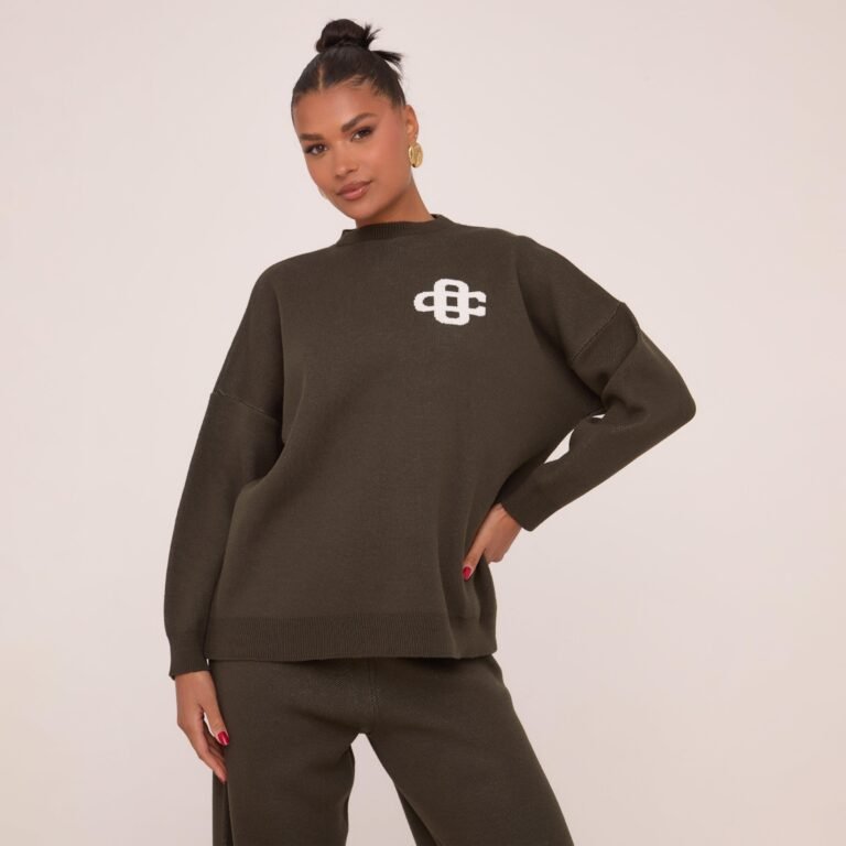 High Neck Oversized Contrast Swirl Detail Sweatshirt In Dark Khaki Green Knit, Women’s