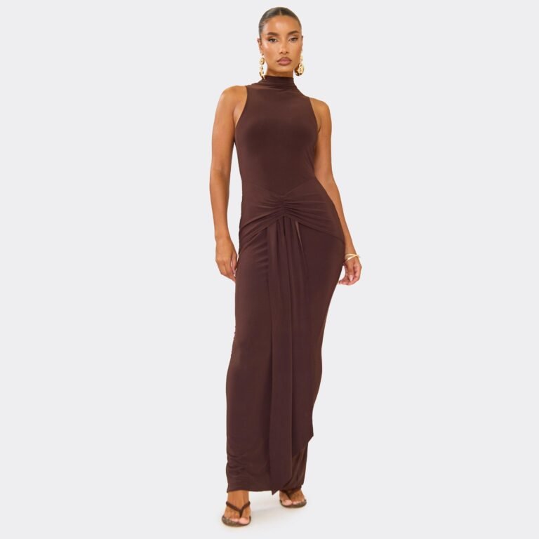 High Neck Sleeveless Drape Detail Maxi Dress In Chocolate Brown, Women’s Size US 2