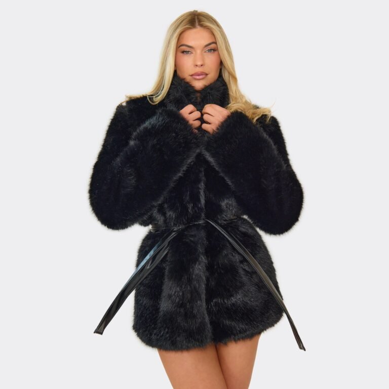 High Neck Tie Waist Coat In Black Faux Fur, Women’s Size US S