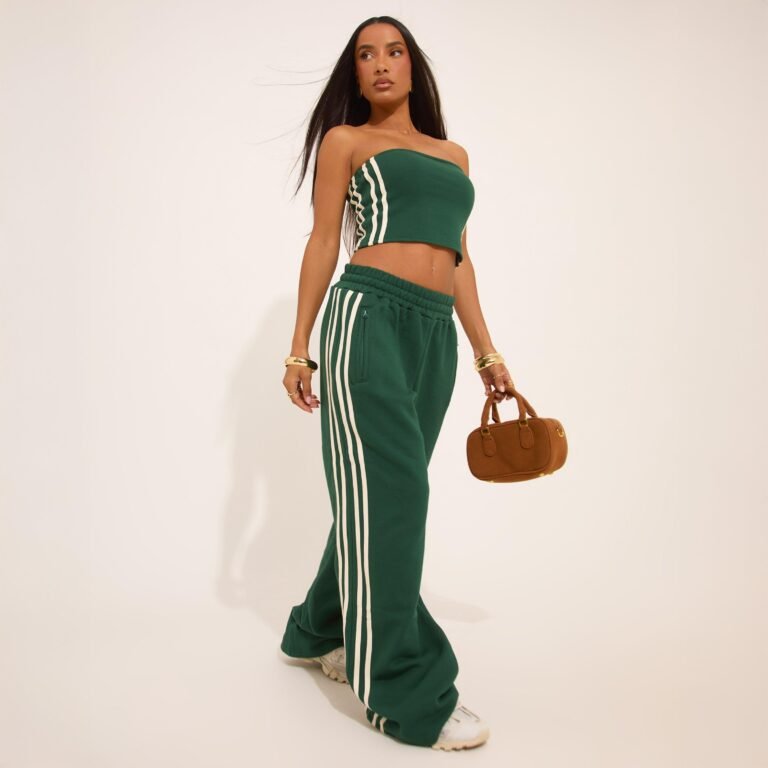 High Waist Contrast Stripe Detail Wide Leg Joggers In Forest Green, Women’s Size US 0