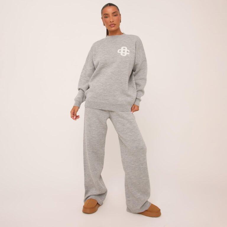 High Waist Contrast Swirl Detail Wide Leg Joggers In Grey Marl Knit, Women’s Size US XS