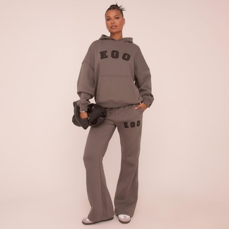 High Waist Ego Graphic Slogan Flared Leg Joggers In Grey, Women’s Size US 8