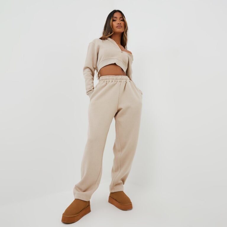 High Waist Oversized Wide Leg Joggers In Beige, Women’s Size US 10