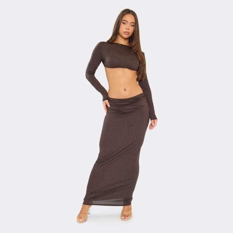 Hotfix Diamante Cut Out Twist Detail Maxi Dress In Chocolate Brown, Women’s Size US 8