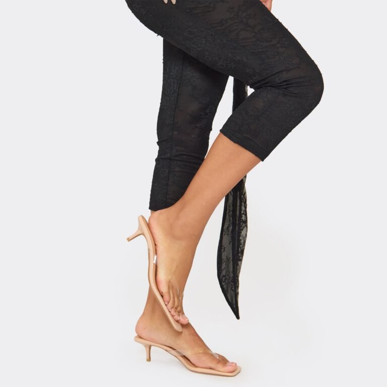 Landan Clear Thong Strap Kitten Heel Mule In Nude Faux Leather, Women’s Size US