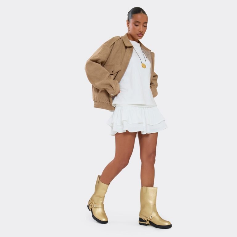 Locked In Side Buckle Detail Ankle Boot In Gold Faux Leather, Women’s Size US