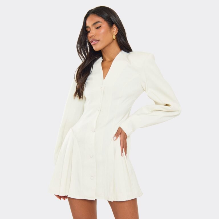 Long Balloon Sleeve Pleated Hem Detail Blazer Dress In Cream, Women’s Size US 2