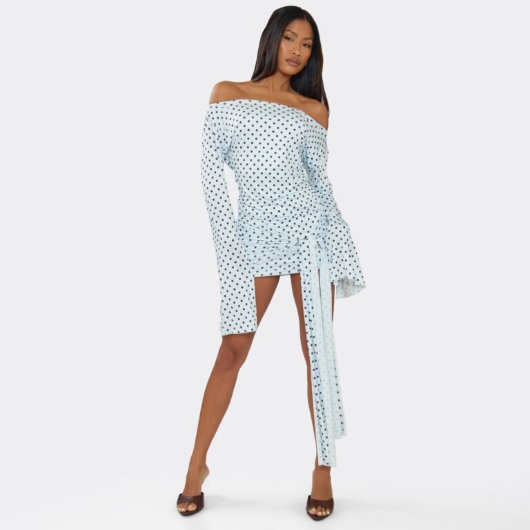 Long Flared Sleeve Drape Detail Mini Bodycon Dress In Blue Polka Dot, Women’s Size US 2