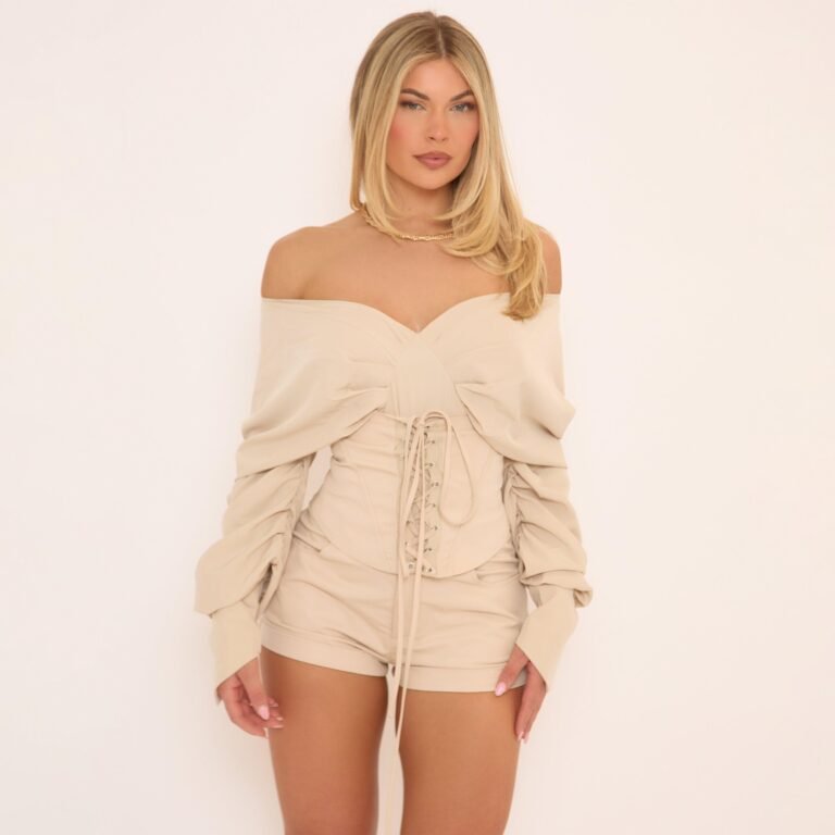 Long Ruched Sleeve Off The Shoulder Lace Up Corset Top In Stone Woven, Women’s Size US 2
