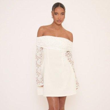 Long Sleeve Bardot A Line Mini Dress In White Lace, Women’s Size US S