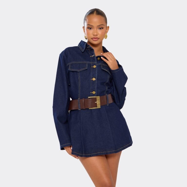 Long Sleeve Belted Button Down Mini Playsuit In Indigo Blue Denim, Women’s Size US 2