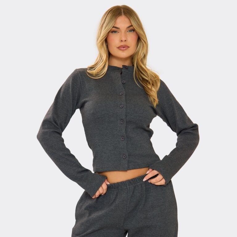 Long Sleeve Button Front Fitted Top In Charcoal Grey Ribbed, Women’s Size US 2