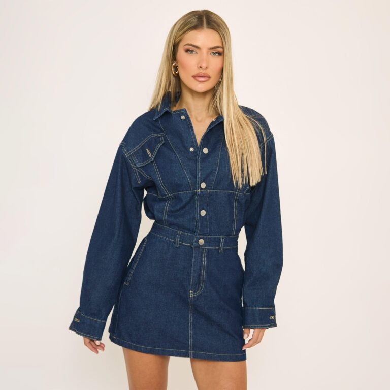 Long Sleeve Button Front Mini Dress In Indigo Blue Denim, Women’s Size US S