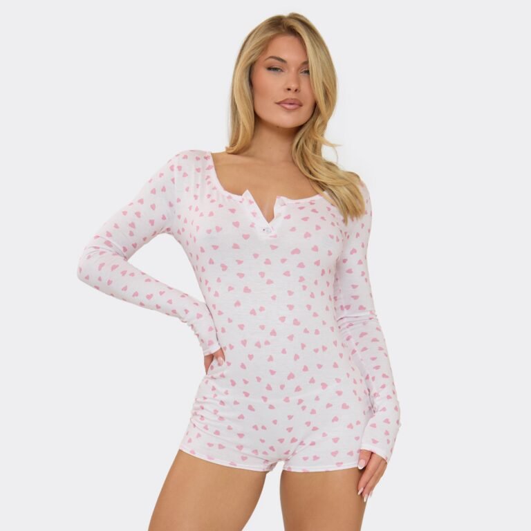 Long Sleeve Button Front Romper In Pink Heart Print, Women’s Size US 6