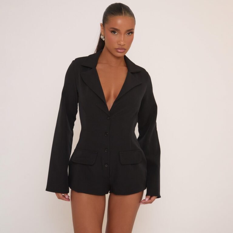 Long Sleeve Button Front Tailored Playsuit In Black, Women’s Size US 0