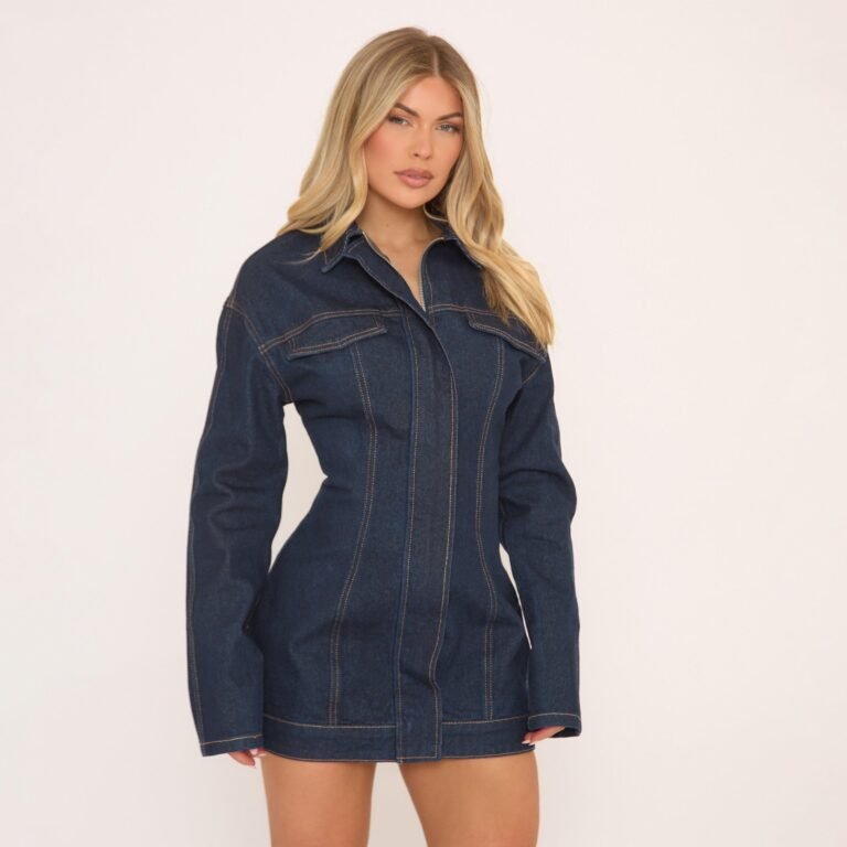 Long Sleeve Cinch Waist Mini Dress In Dark Blue Denim, Women’s Size US 0