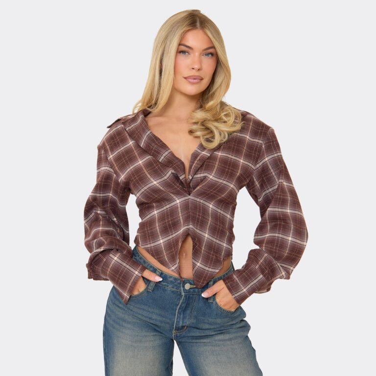 Long Sleeve Cinched Waist Shoulder Pad Shirt In Chocolate Brown Check Print, Women’s Size