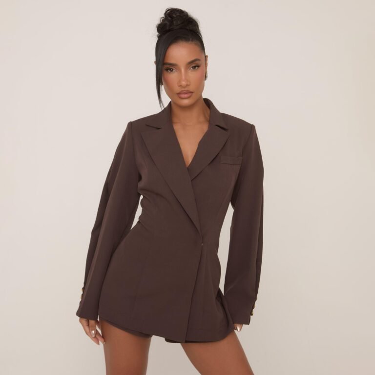 Long Sleeve Cinched Waist Tailored Playsuit In Chocolate Brown Woven, Women’s Size US 0