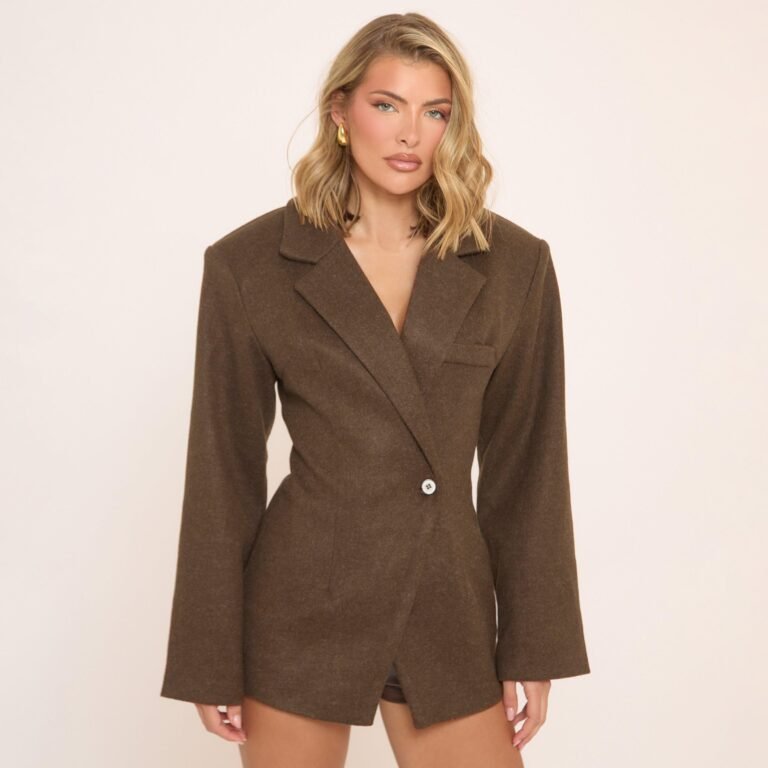 Long Sleeve Cinched Waist Wool Look Blazer In Brown, Women’s Size US 2