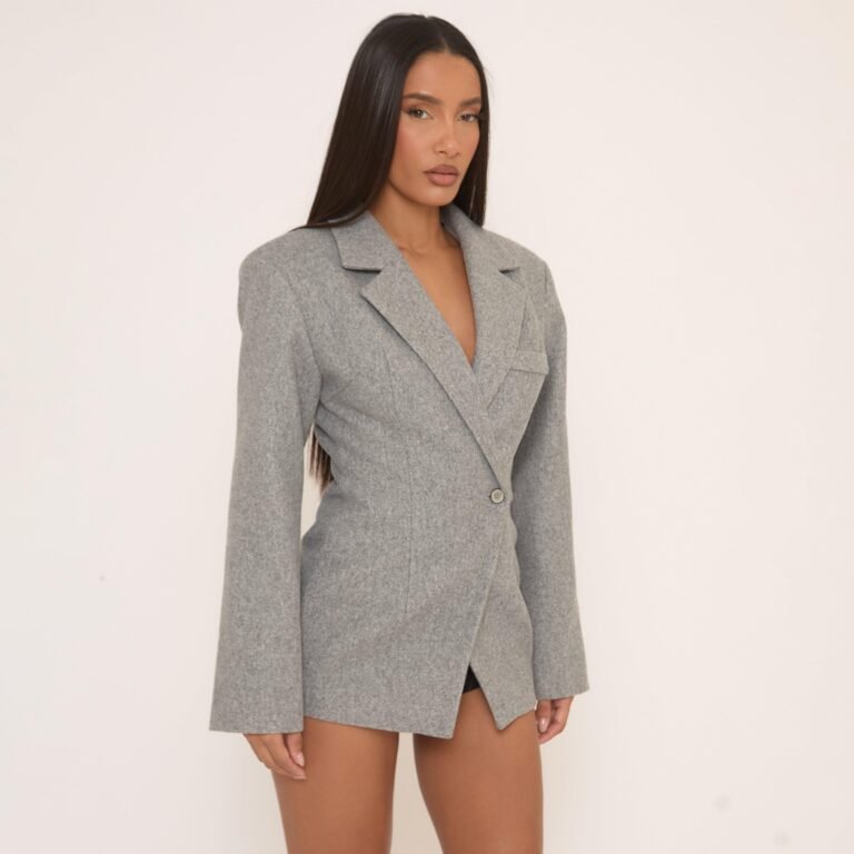 Long Sleeve Cinched Waist Wool Look Blazer In Grey, Women’s Size US 2