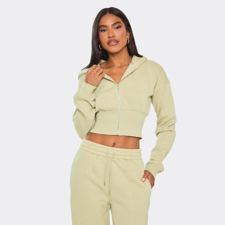 Long Sleeve Cinched Waist Zip Up Hoodie In Sage Green, Women’s Size US 2