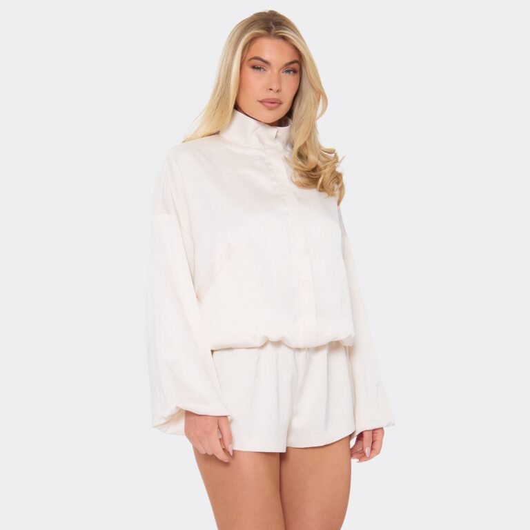 Long Sleeve Collar Detail Bomber Playsuit In Cream Satin, Women’s Size US 0