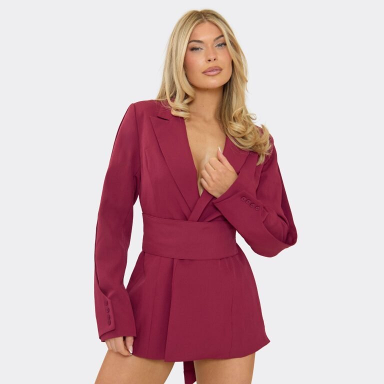 Long Sleeve Collared Cinched Waist Detail Blazer Playsuit In Burgundy, Women’s Size US 0