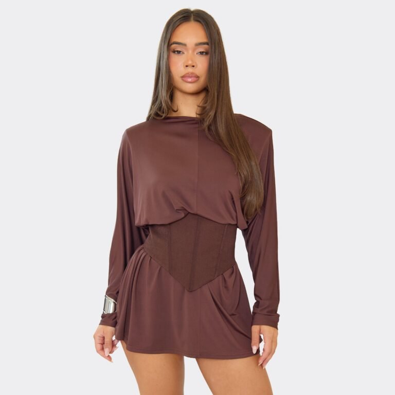 Long Sleeve Corset Detail Skater Dress In Chocolate Brown, Women’s Size US 2