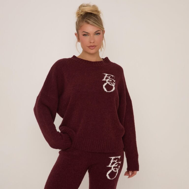 Long Sleeve Crew Neck Ego Graphic Oversized Jumper In Burgundy Knit, Women’s Size US L