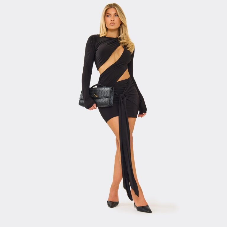Long Sleeve Cut Out Detail Drape Mini Dress In Black Slinky, Women’s Size US 4