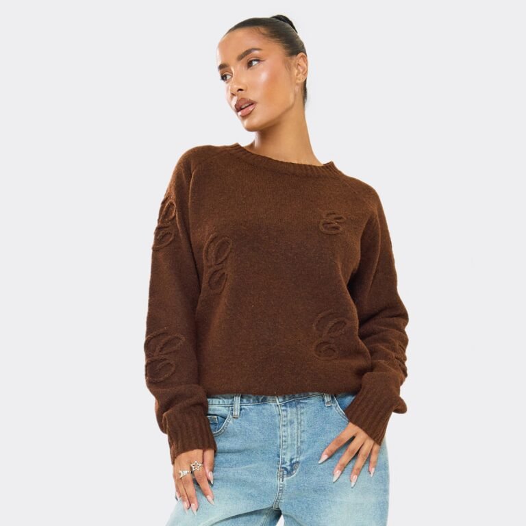 Long Sleeve ‘E’ Graphic Applique Detail Oversized Jumper In Chocolate Brown Knit, Women’s