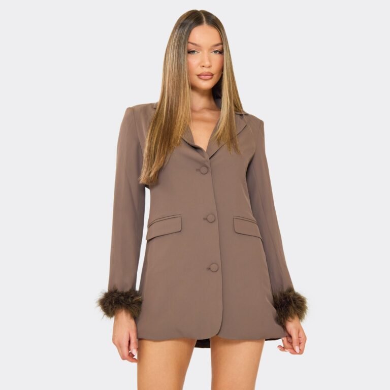 Long Sleeve Feather Cuff Detail Blazer Dress In Chocolate Brown, Women’s Size US 2