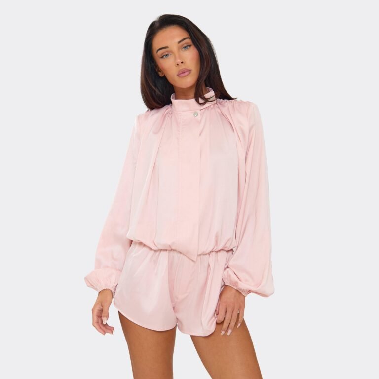 Long Sleeve Funnel Neck Ruched Shoulder Playsuit In Pink Satin, Women’s Size US 2