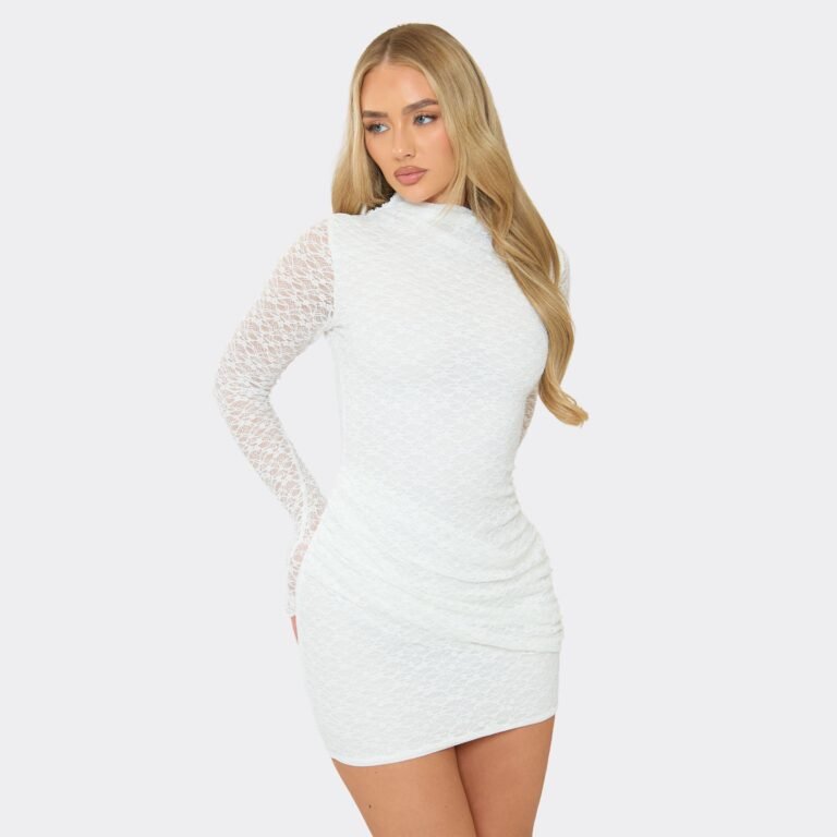 Long Sleeve High Neck Ruched Mini Dress In White Lace, Women’s Size US 2