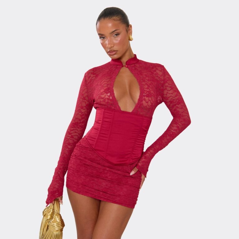 Long Sleeve Keyhole Cut Out Corset Detail Mini Dress In Red Lace, Women’s Size US 2