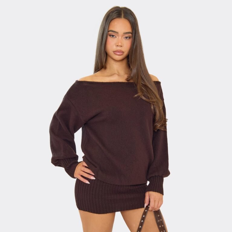 Long Sleeve Off The Shoulder Mini Dress In Chocolate Brown, Women’s Size US S