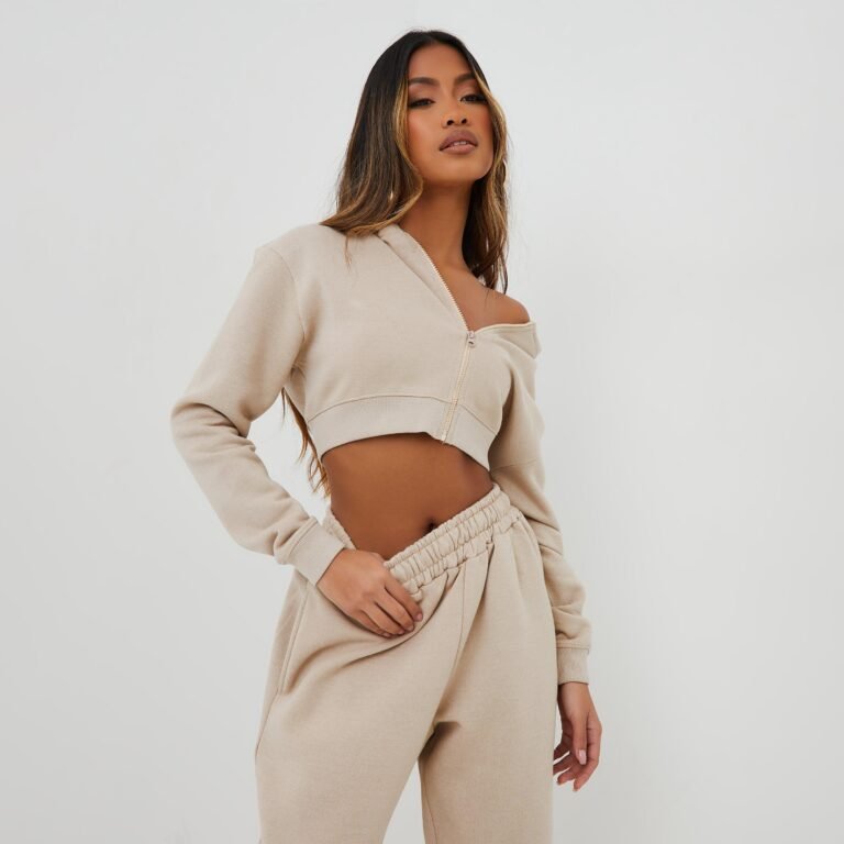 Long Sleeve Oversized Zip Detail Cropped Hoodie In Beige, Women’s Size US 0