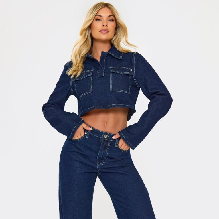Long Sleeve Pocket Detail Crop Top In Indigo Blue Denim, Women’s Size US 4